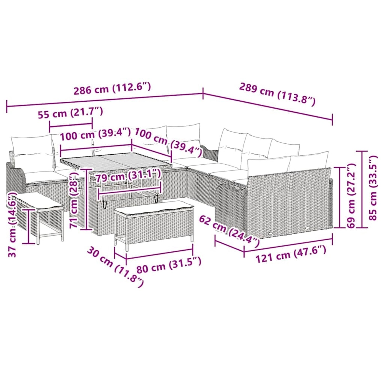 vidaXL Garten-Sofa-Set 13-tlg, schwarz, Poly Rattan, mit Maßangaben für Gartenmöbel.