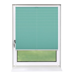 Türkisfarbenes Plissee 80x210 cm, blickdicht, ohne Bohren am Fensterrahmen befestigt.