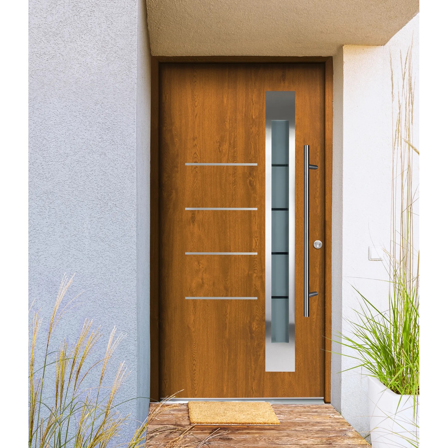 Moderne Splendoor Haustür Berlin Prime in Golden Oak mit Edelstahl-Applikationen und Glasausschnitt.