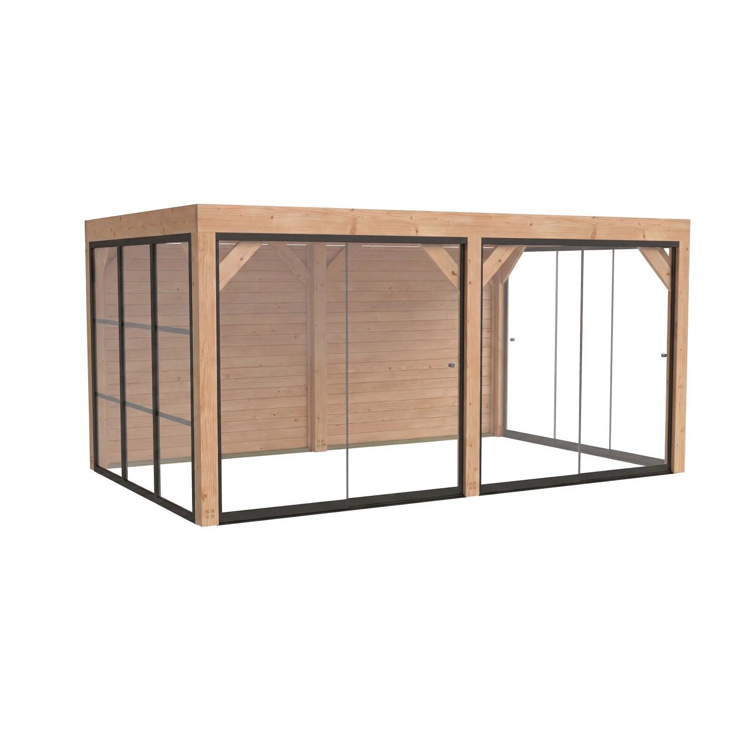 weka Gartenlaube Lumley: moderne Terrassenüberdachung aus Fichte mit 3 Glasschiebetüren und Holzwänden.