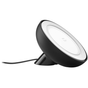 Schwarze Philips Hue Bloom Tischleuchte mit weißem Lichtelement, seitliche Ansicht.