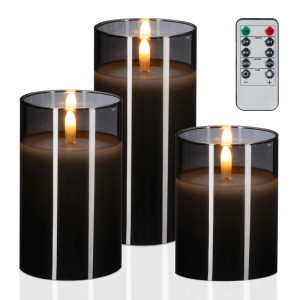 Relaxdays LED Kerzen im Glas 3er Set Echtwachs Grau Warmweiß Flackernd Mit Fernbedienung 10 cm x 7,5 cm 12,5 cm x 7,5 cm 15 cm x 7,5 cm