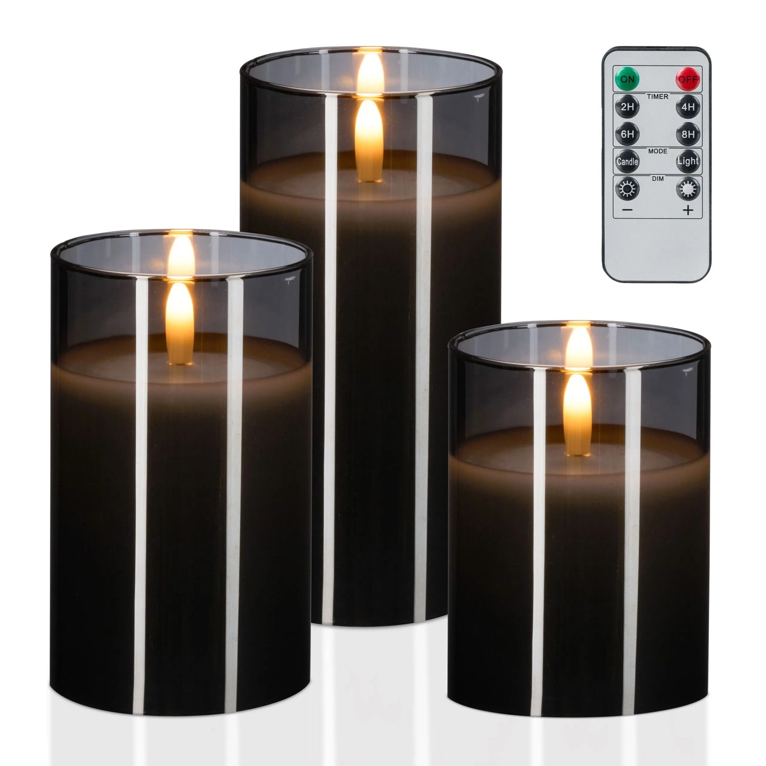 Relaxdays LED Kerzen im Glas 3er Set Echtwachs Grau Warmweiß Flackernd Mit Fernbedienung 10 cm x 7,5 cm 12,5 cm x 7,5 cm 15 cm x 7,5 cm