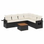 Schwarze 7-tlg. vidaXL Garten-Sofagarnitur aus Rattan mit cremeweißen Kissen und Tisch.