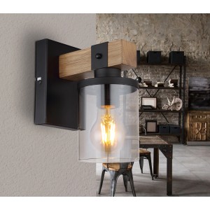 Moderne Wandlampe von Globo: Schwarz matt, Holz und Rauchglas, 1-flammig, 100x225 mm.