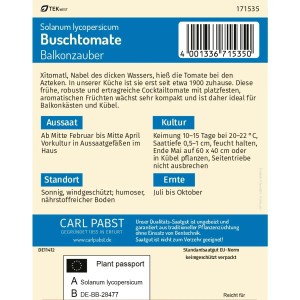 Pabst Keimkraft Buschtomate 'Balkonzauber' Saatgutpackung mit Infos zu Anbau und Ernte.