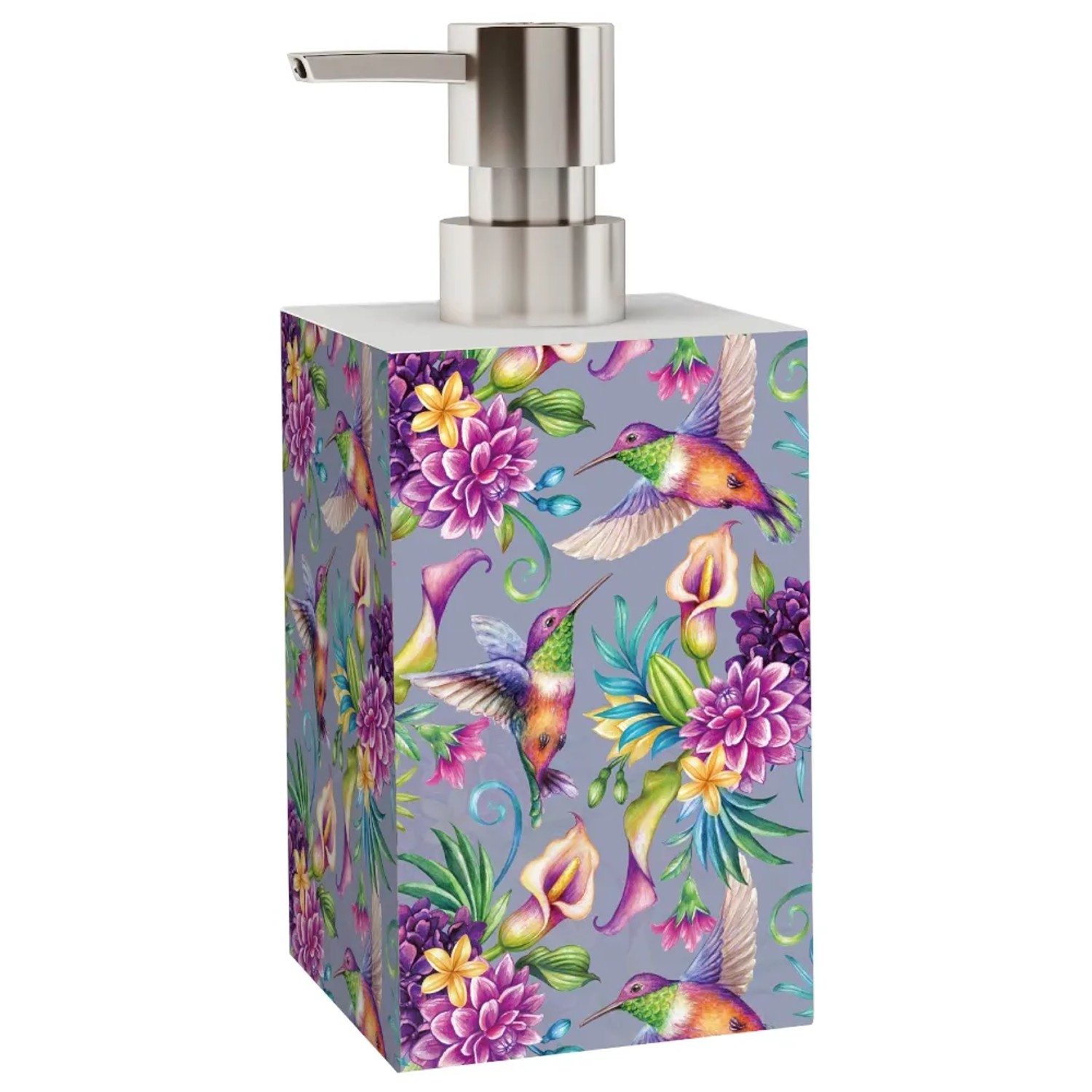 Sanilo Seifenspender Kolibri, Teil des Badhelfer Sets, mit Blumen- und Vogelmuster.