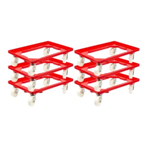 Zwei rote PROREGAL Transportroller für Euroboxen mit Kunststoffrädern. Transporthilfen für Werkstatt und Lager.