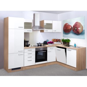 Flex-Well Winkelküche Valero in Weiß Hochglanz und Sonoma Eiche mit E-Geräten.