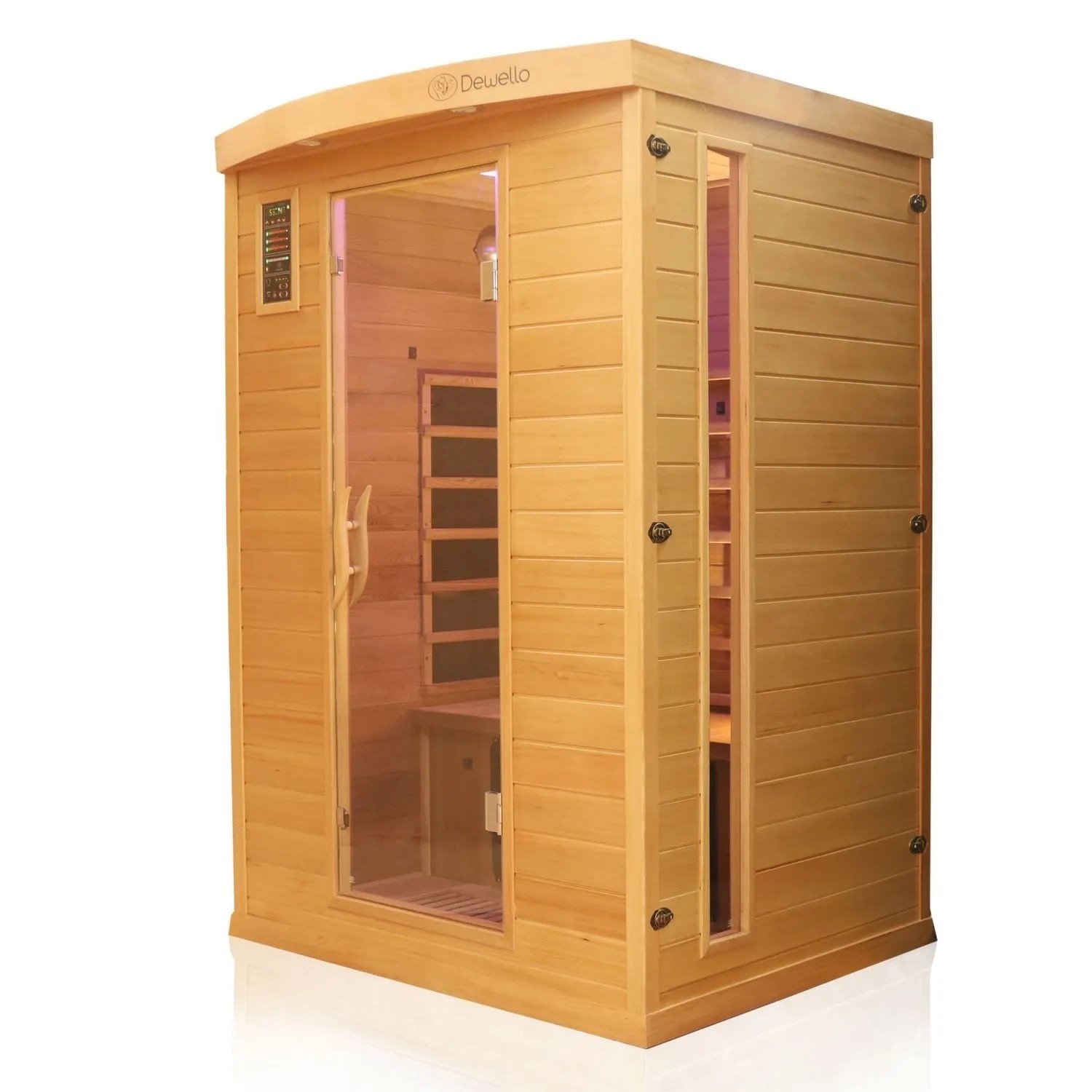 Dewello Infrarotkabine Pierson Pro für 2 Personen aus Hemlock und Zeder mit Glasfront.