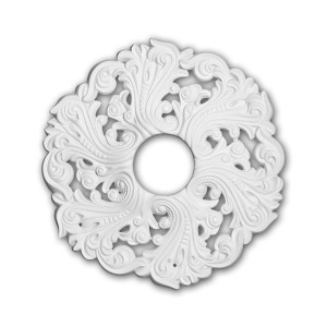 Weiße, runde PROFHOME Deckenrosette aus Polyurethan mit barockem Muster, 52 cm Durchmesser.