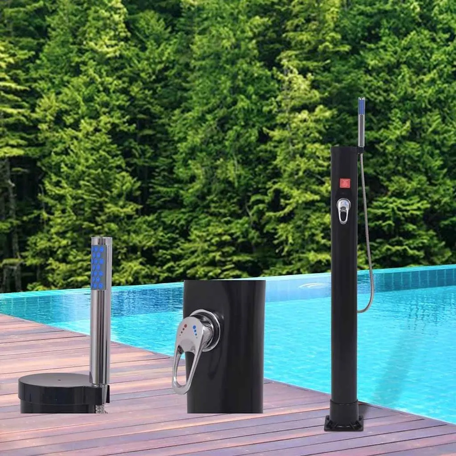 Schwarze vidaXL Solardusche 8 L mit Handbrause am Pool. PVC-Stahl Outdoor Dusche für Garten und Terrasse.