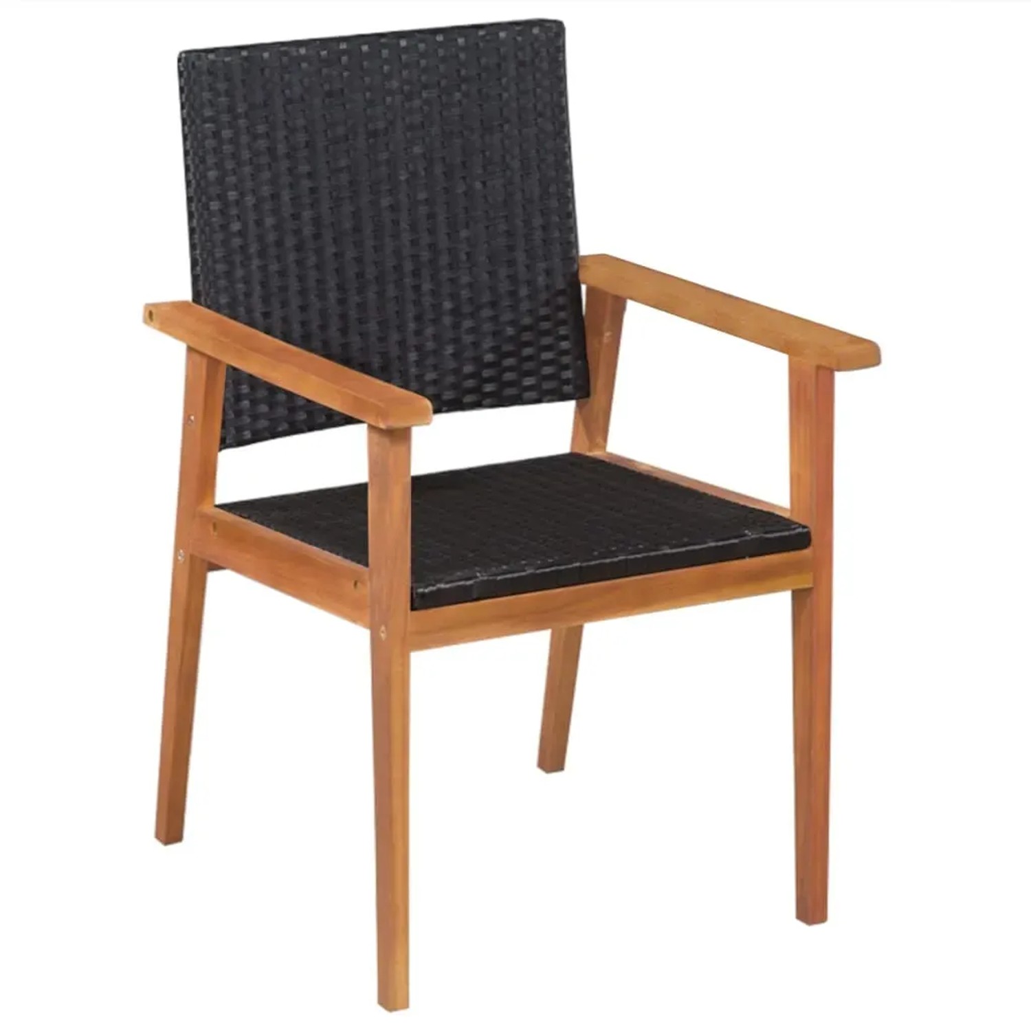 Schwarzer und brauner Gartenstuhl aus Rattan und Akazienholz, Teil der 5-tlg. vidaXL Essgruppe.
