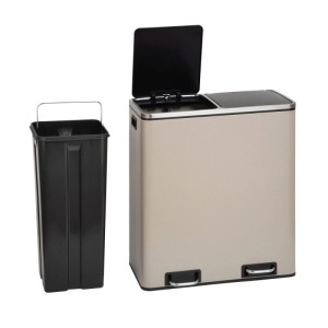 Taupe Treteimer 60L für Mülltrennung mit 2 Fächern. Ein Inneneimer ist entnommen. Ideal für Küche und Ordnung.