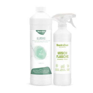 BactoDes Clean Allround Reiniger Set: 1L Flasche & Mischflasche für probiotische Reinigung und Geruchsentfernung.