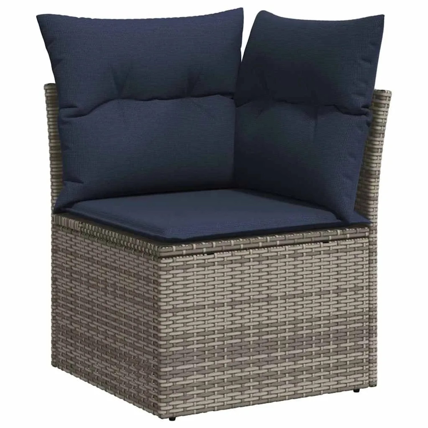 Graues Ecksofa aus Polyrattan mit blauen Kissen, Teil der vidaXL Garten-Sofagarnitur.