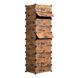 Schmales braunes Schuhregal in Holzoptik mit 10 Klappfächern. Staubgeschütztes Stecksystem für Schuhe.