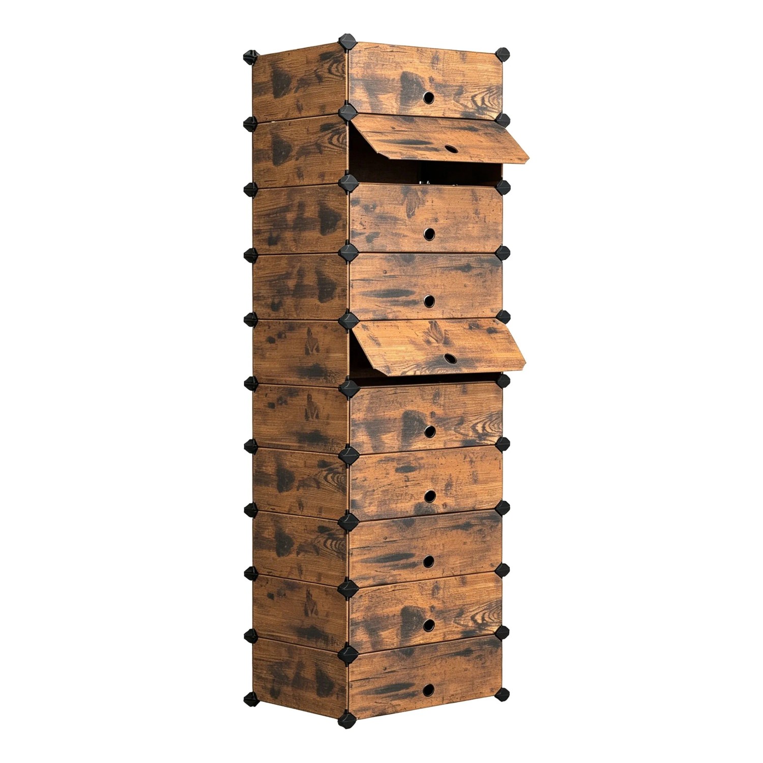 Relaxdays Schuhregal Kunststoff Eisen Braun Schwarz 10 Klappfächer Staubgeschützt Stecksystem 176 cm x 43 cm x 34 cm 6,7 kg