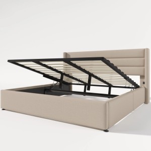 Beiges okwish Polsterbett 180x200 mit geöffnetem Bettkasten und Lattenrost.