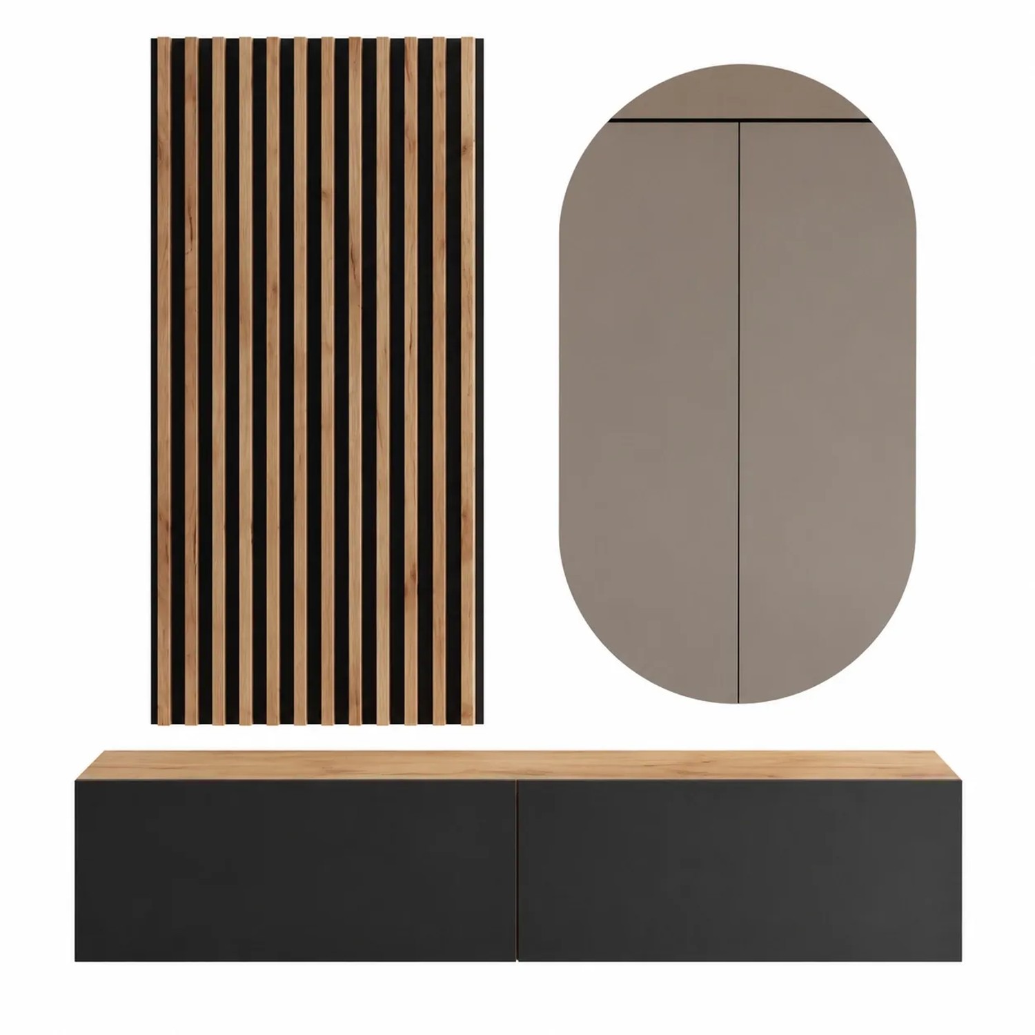 Planetmöbel Flurgarderobe Set 140 cm Gold Eiche Anthrazit mit Wandpaneel und Spiegel ohne LED Beleuchtung