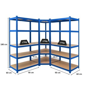 Blaues Eckregal-Set Taurus mit 5 Böden, 180x180x60 cm, Fachlast 175 kg, ideal als Kellerregal oder Garagenregal.