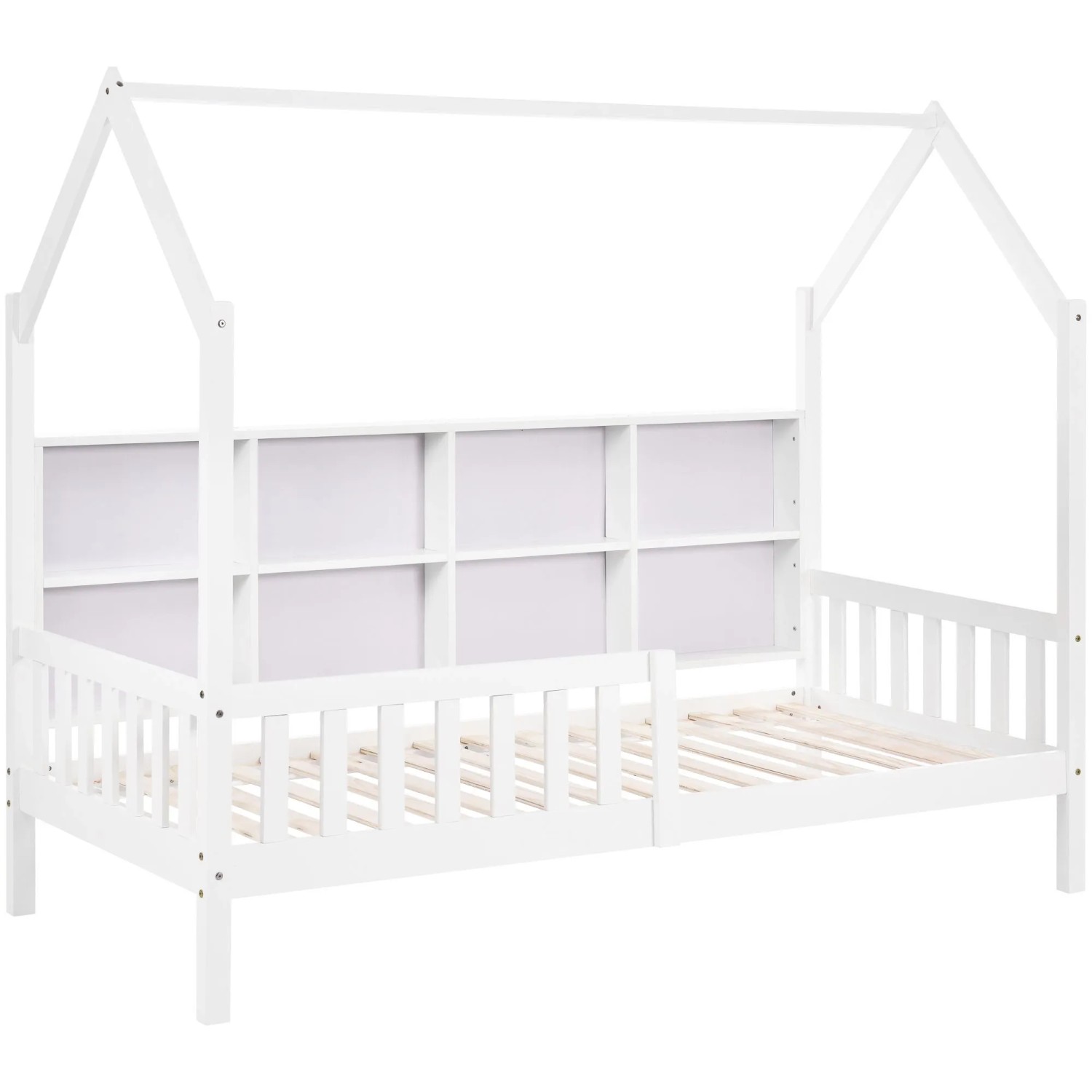 okwish Hausbett 90x200cm mit Bücherregal Schrank und 2 Schubladen Weiß ohne Matratze