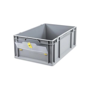 Graue PROREGAL Eurobox mit transparentem Deckel, 44 Liter, für Lagerung und Transport.