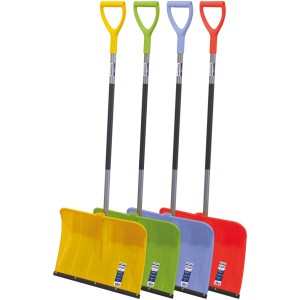 SONNECK SNOWMASTER Light Schneeschieber in Gelb, Grün, Blau und Rot mit D-Griff.