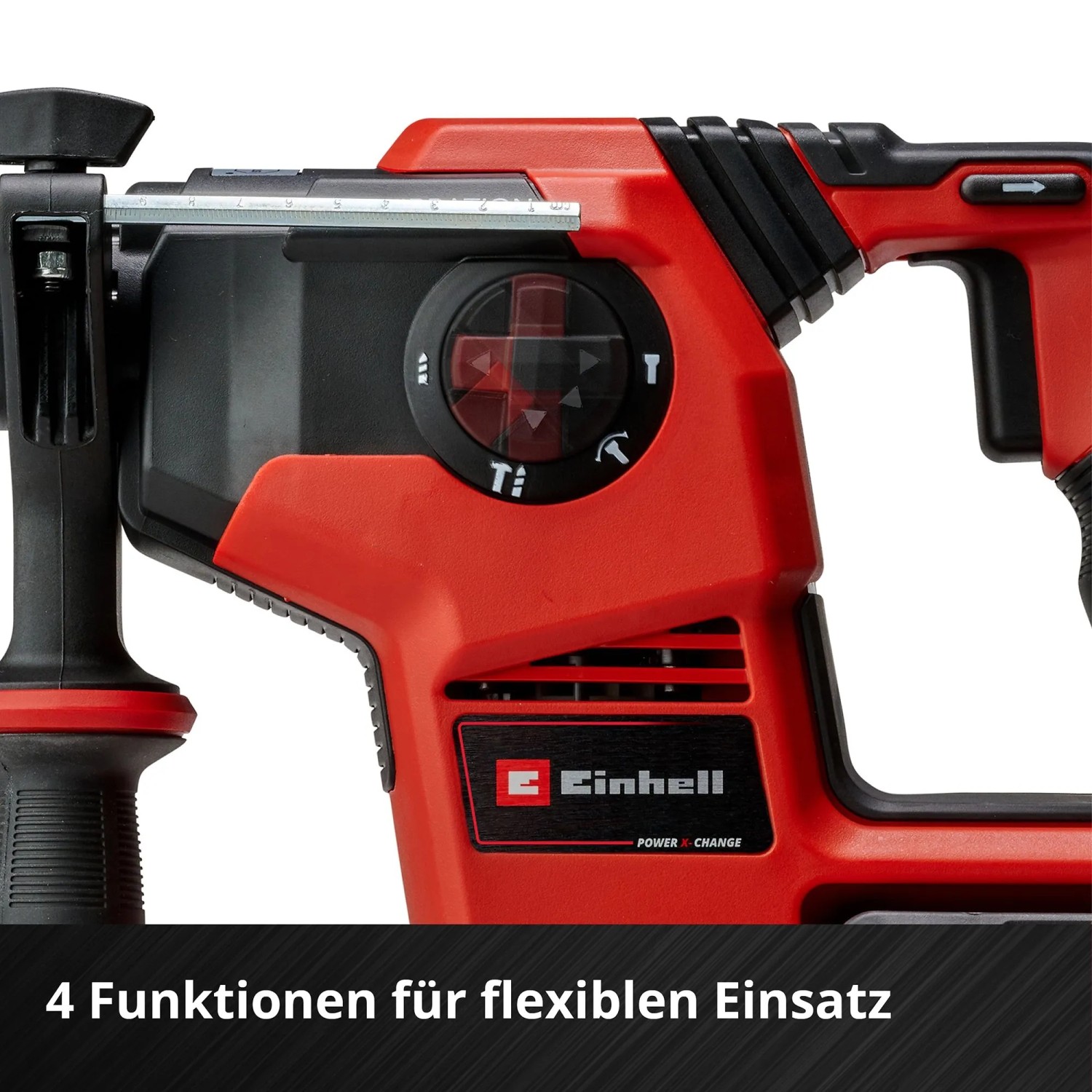 Detailaufnahme des roten Einhell Professional TP-HD 36/30 Akku-Bohrhammers.