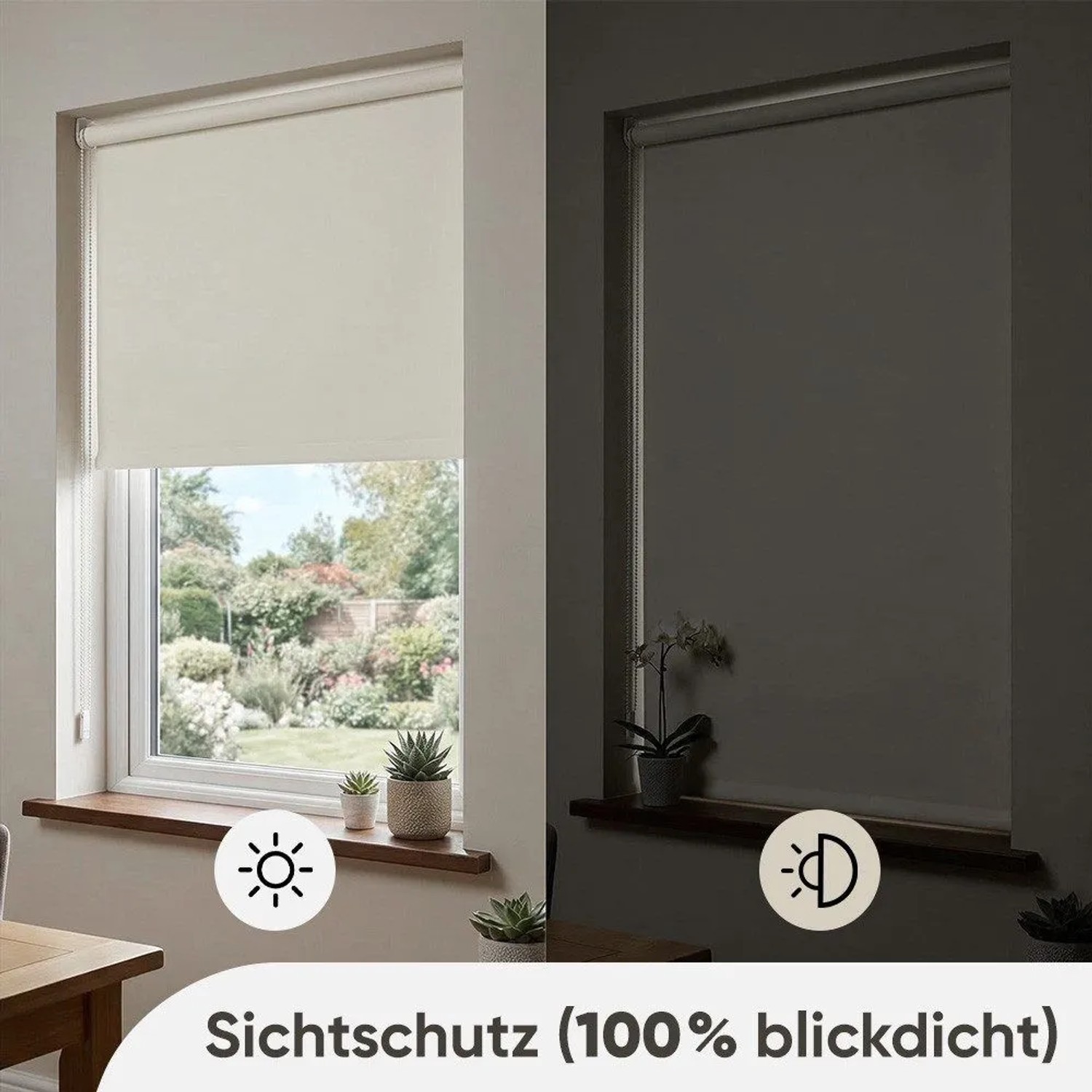 Beiges Sekey Seitenzugrollo zur Verdunkelung am Fenster, mit und ohne Lichteinfall.