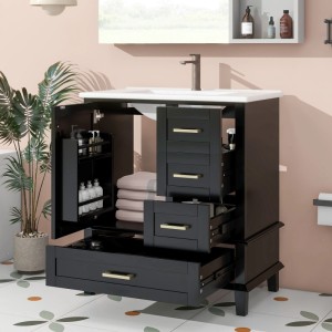 Schwarzer Badezimmerschrank mit Waschbecken, freistehend, mit Schubladen und Türregal.