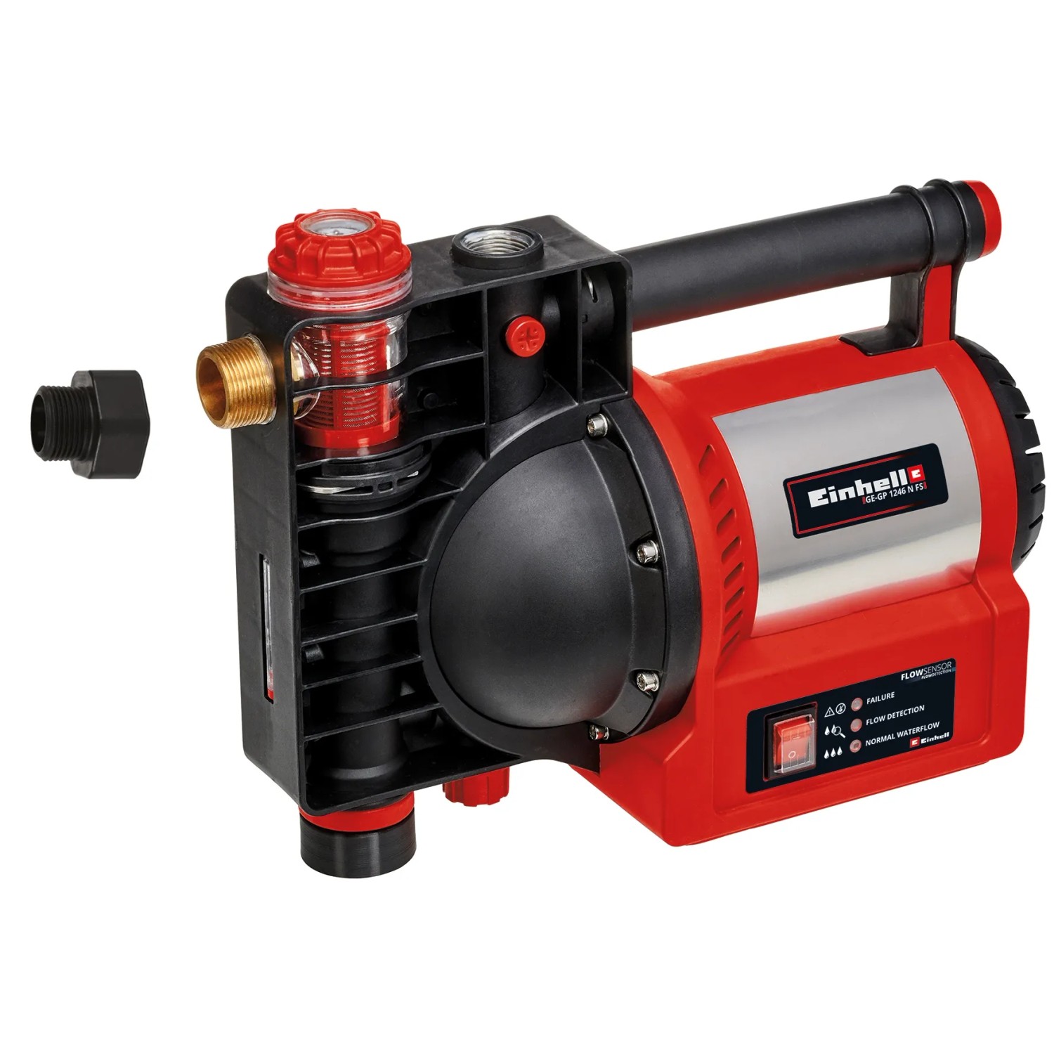 Einhell GE-GP 1246 N FS Gartenpumpe für Bewässerung, mit Wasserfüllanzeige und robusten Metallanschlüssen.
