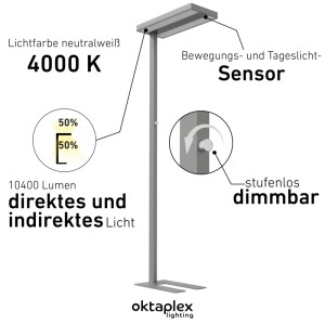 Silberne Oktaplex Lyse LED Stehleuchte mit Sensor, dimmbar, 4000K, 80W für Büro.