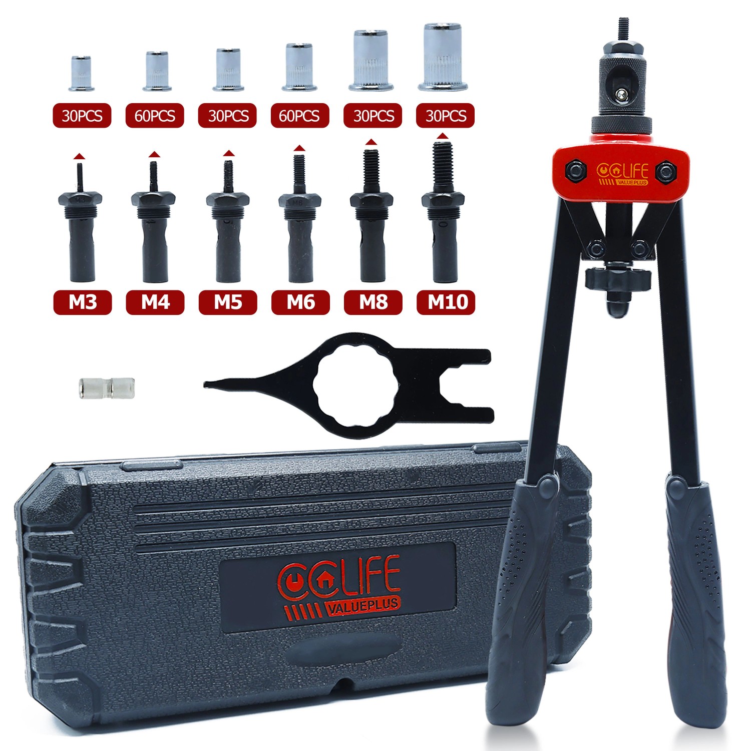 CCLIFE Profi Nietmutternzangen Set mit 240 Muttern M3-M10 und Doppelgriff Pistole