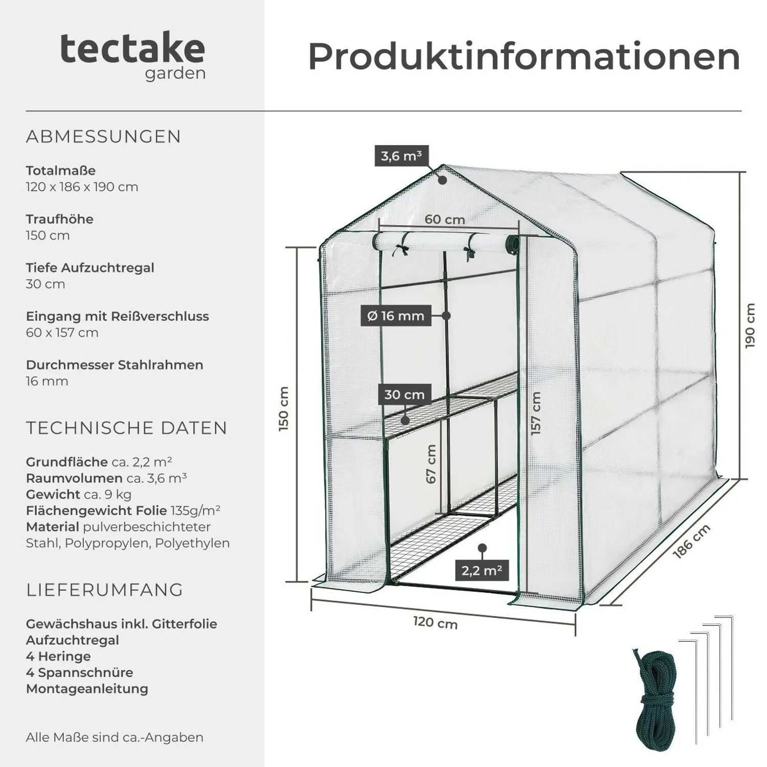 Tectake Foliengewächshaus Andrea 3 6 M³ Mit 4 Regalebenen Aufbau Im Stecksystem 186 x 120 x 190 cm Weiß_6