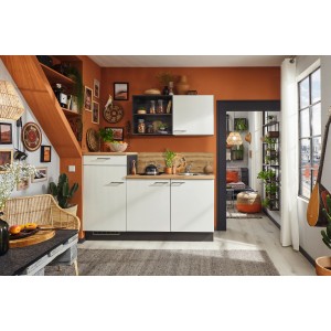 Weiße pino Küchenzeile 180 cm mit Geräteschrank und Spüle, Anschlag links.