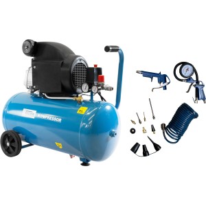 Güde Kompressor-Set 301/10/50, 12-teilig mit Zubehör wie Schlauch, Ausblaspistole und Reifenfüller.