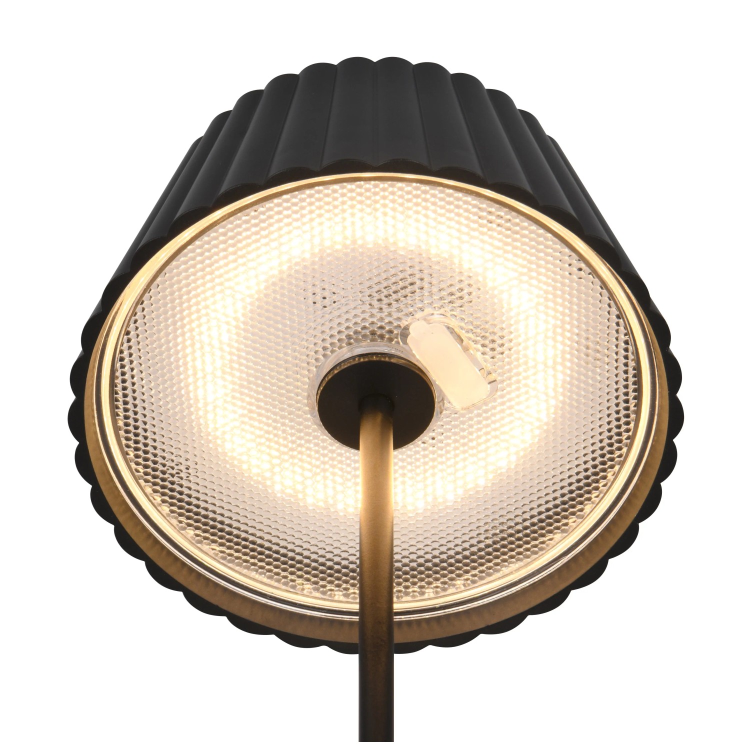 Detailaufnahme der schwarzen Reality LED-Stehleuchte Suarez, Ø 13,5 cm, mit warmweißem Licht.