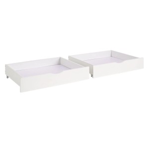 Zwei weiße Homestyle4u Bettkästen aus Holz auf Rollen für zusätzlichen Stauraum unter dem Bett im Schlafzimmer.