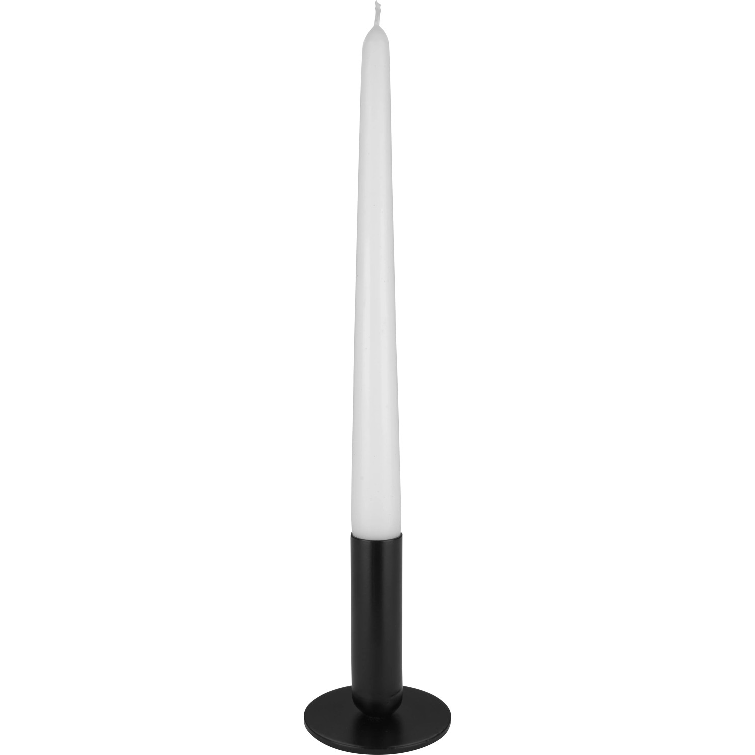 Schwarzer, runder Kerzenhalter aus Metall mit Tafelkerze, 9 cm hoch.