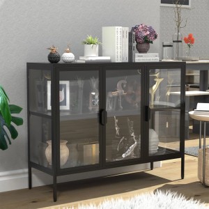 Schwarzer ebuy24 FlokaL Vitrinenschrank mit 3 Glastüren im Wohnzimmer.