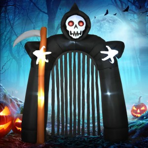 Aufblasbarer Halloween Sensenmann-Torbogen mit leuchtenden roten Augen, Sense und LED-Beleuchtung.