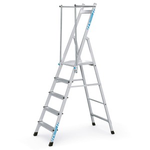 Zarges Plattformleiter ZAP Neo S mit 5 Stufen und klappbarem Handlauf für sicheren Stand.
