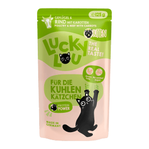 Lucky Lou Katzen-Nassfutter Kitten Geflügel & Rind, 125g Packung.
