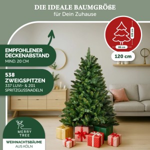 Künstlicher Weihnachtsbaum, 120 cm, mit Holzfuß und Geschenken dekoriert.