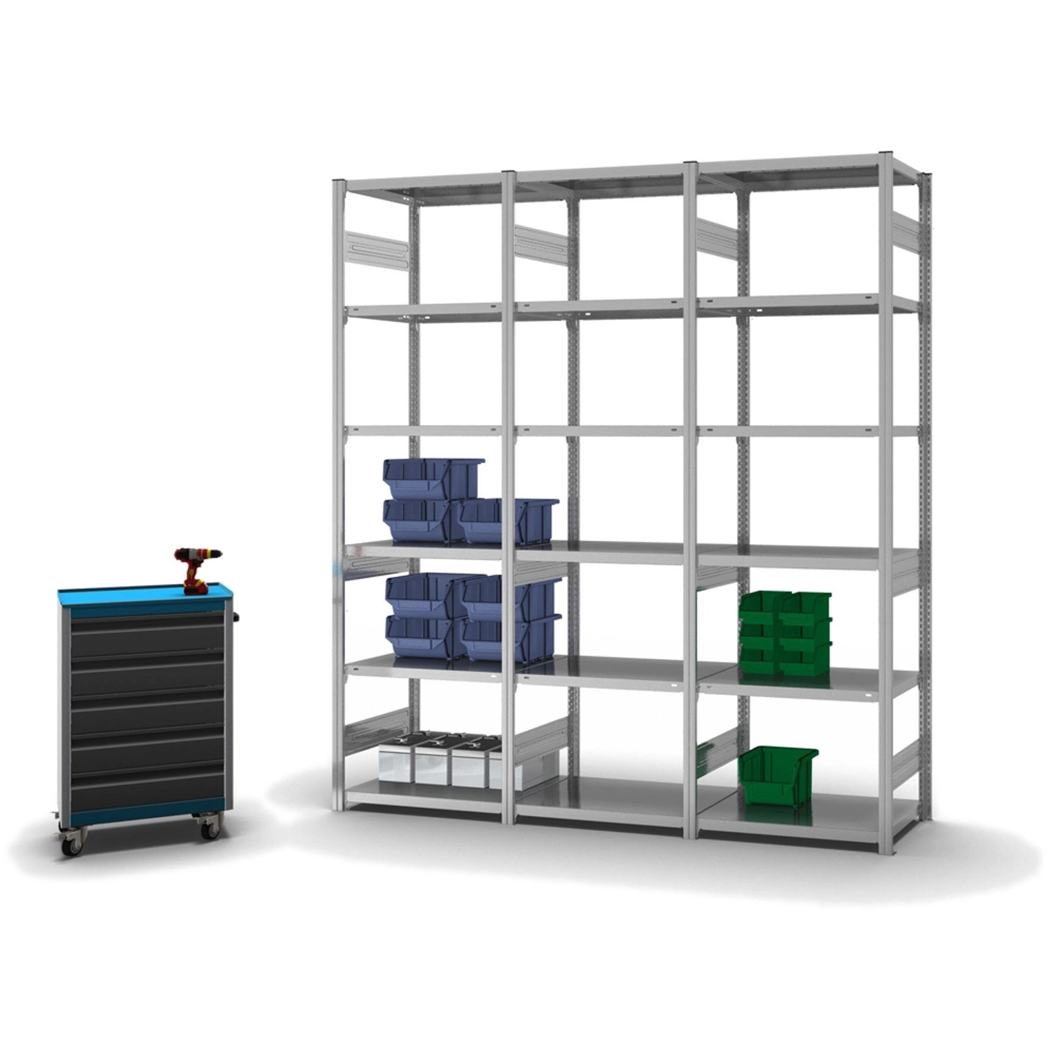 Verzinktes PROREGAL Fachbodenregal mit 6 Ebenen, beidseitig nutzbar, mit blauen und grünen Boxen.
