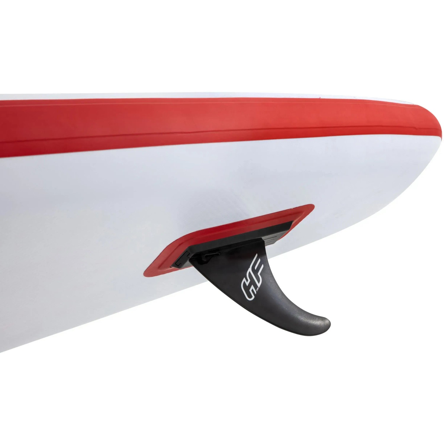 Detailaufnahme der Finne am Bestway SUP Fast Touring Board, rot-weiß.