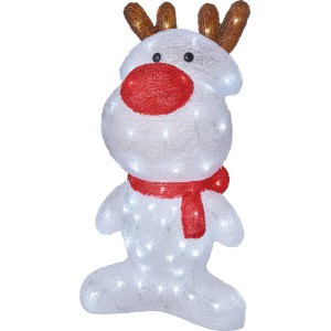 LED-Rentier Dekofigur, 60 cm, weiß mit roter Nase und Schal, braunes Geweih, für Weihnachten.