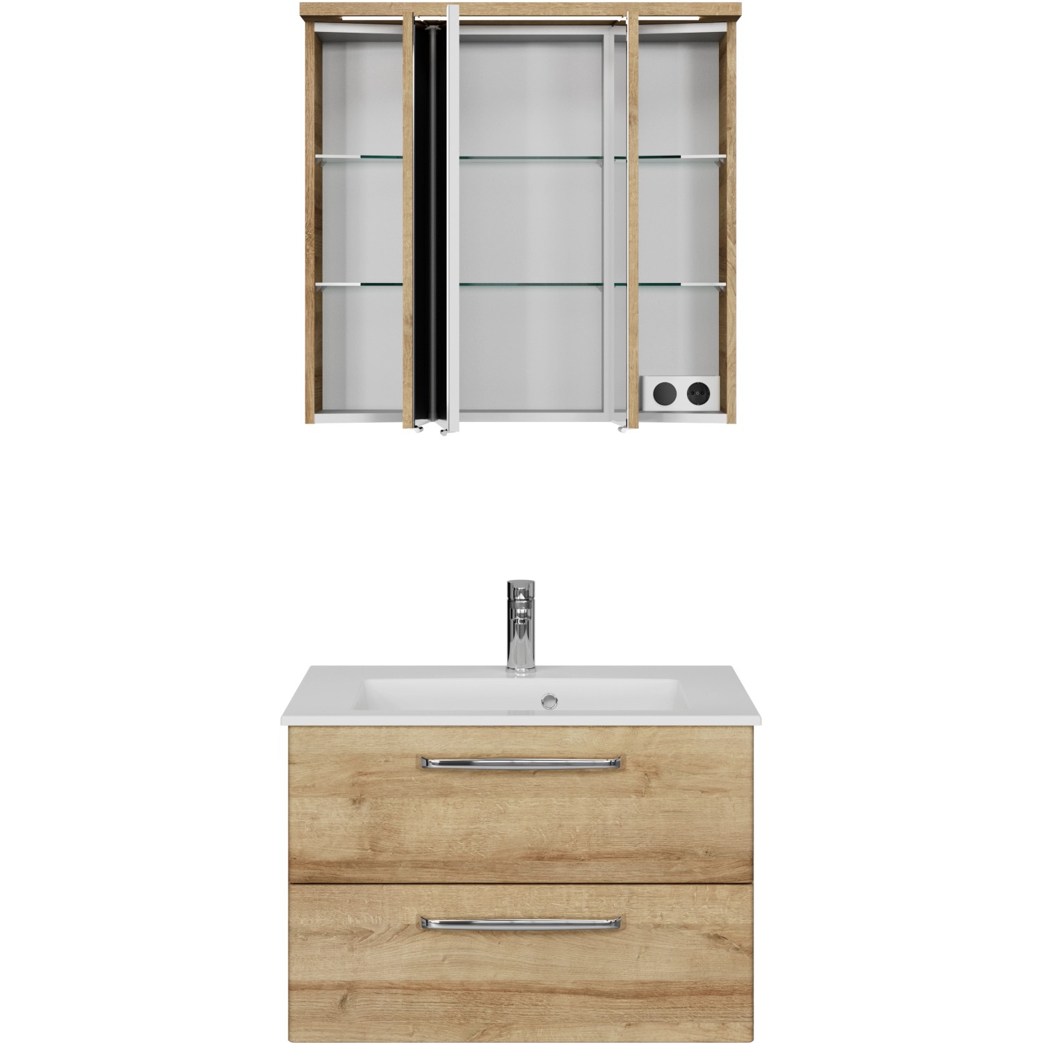 Pelipal Badmöbel-Set Trentino, Unterschrank, Spiegelschrank, 107 cm, Weiß und Riviera Eiche Dekor.