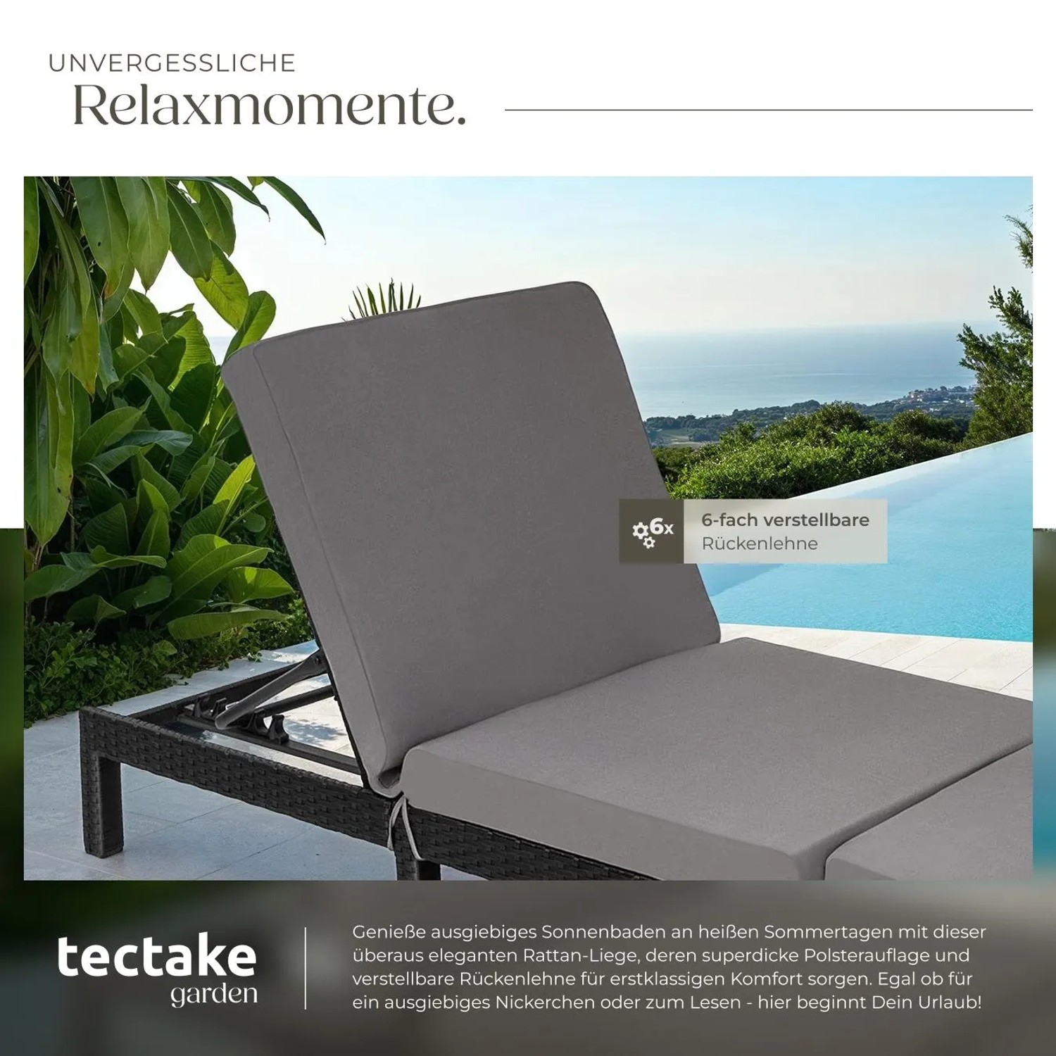 Tectake Rattan Sonnenliege Sofia Widerstandsfähig Uv Beständig  196 x 66 x 27 cm Schwarz_4
